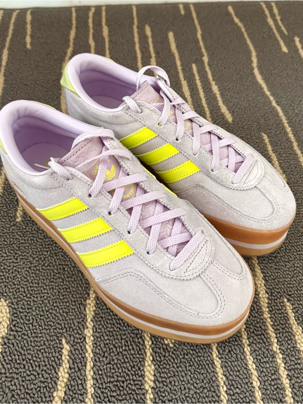 adidas Women's Gazelle Stack Lavender Suede Platform Sneakers with Neon Yellow - Picture 2 of 8